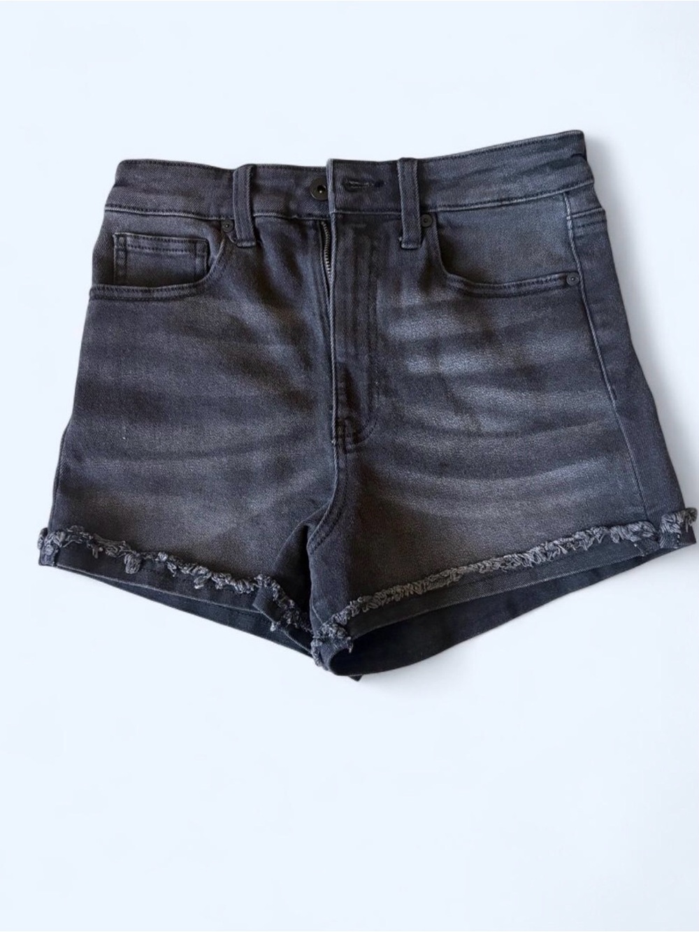 Women’s High-Rise Black Denim Shorts with Frayed Hem